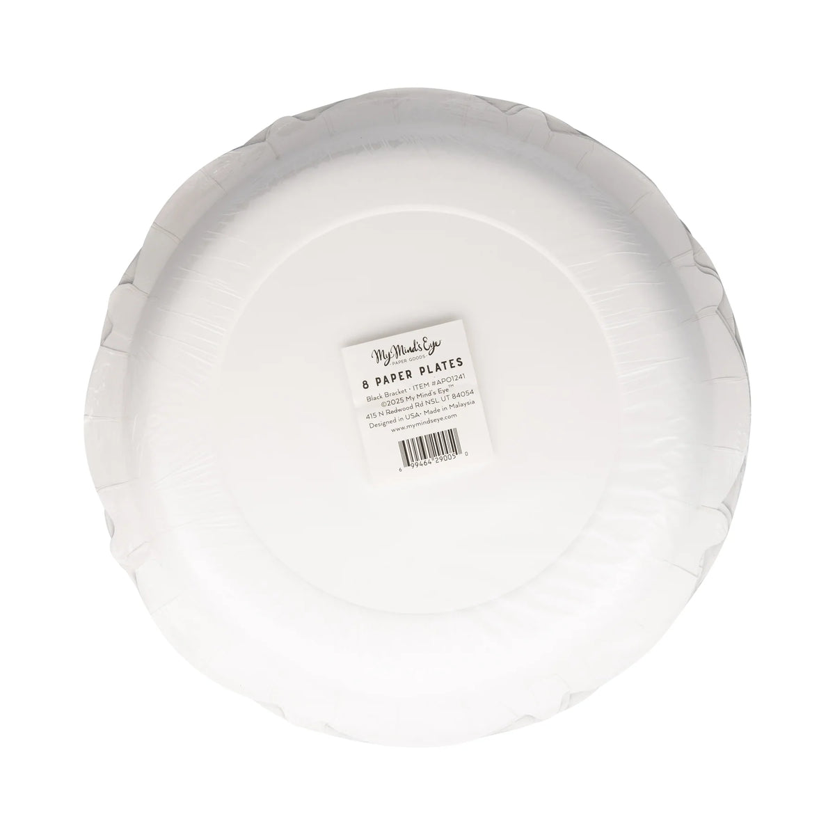 Back of the Black Bracket Edge Paper Plate showing packaging label for set of eight 10-inch plates