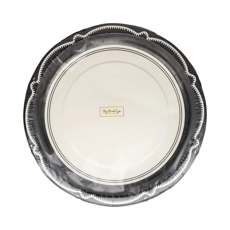 Single Black Bracket Edge Paper Plate on white background highlighting scalloped border detail