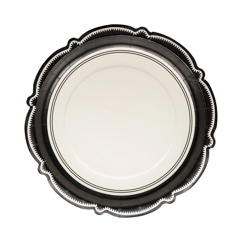 Front view of a round ivory dinner plate with ornate black bracket edge, perfect for a black and white paper plate Halloween party