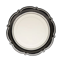 Black bracket-edge 10-inch paper dinner plate with vintage scalloped frame and cream center from the Apothecary Halloween collection.