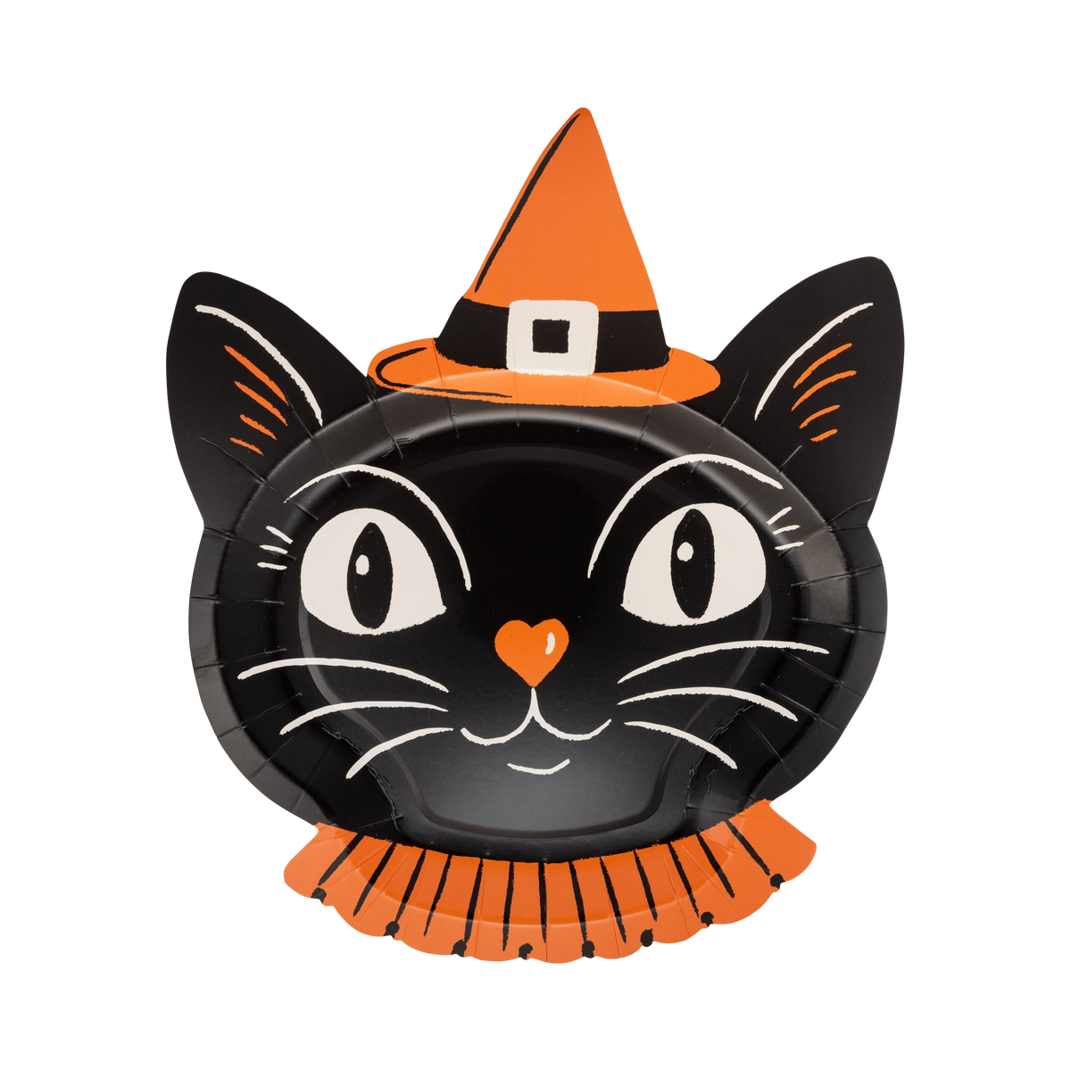 Halloween-themed paper plate with a black cat design wearing an orange witch hat