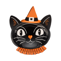Halloween-themed paper plate with a black cat design wearing an orange witch hat