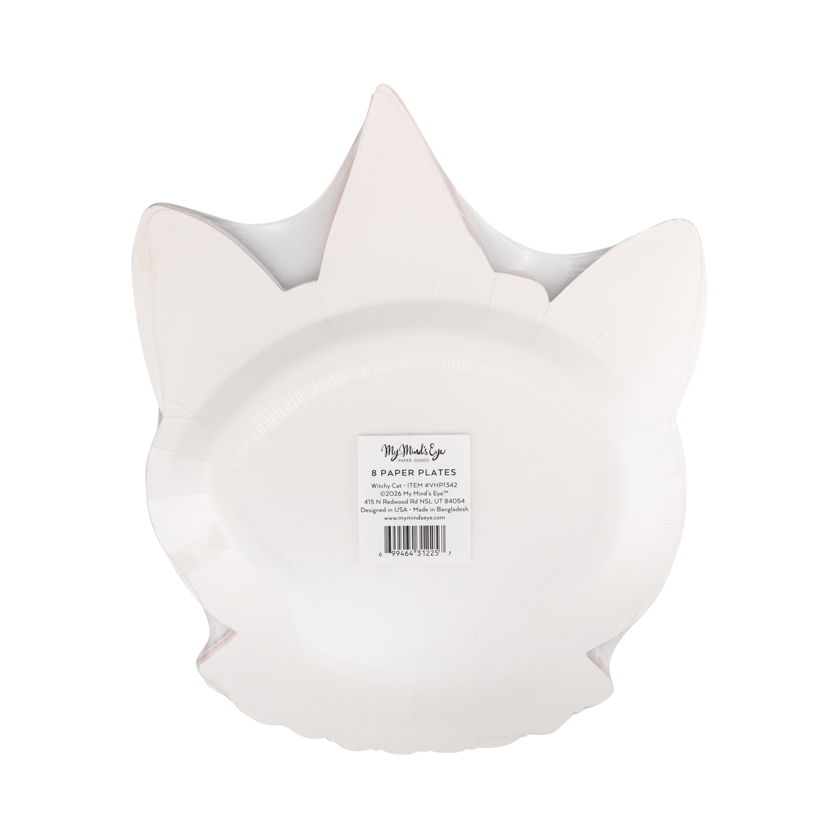 Back of a paper plate shaped like witchy cat with a label on a clear packaging.