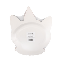Back of a paper plate shaped like witchy cat with a label on a clear packaging.
