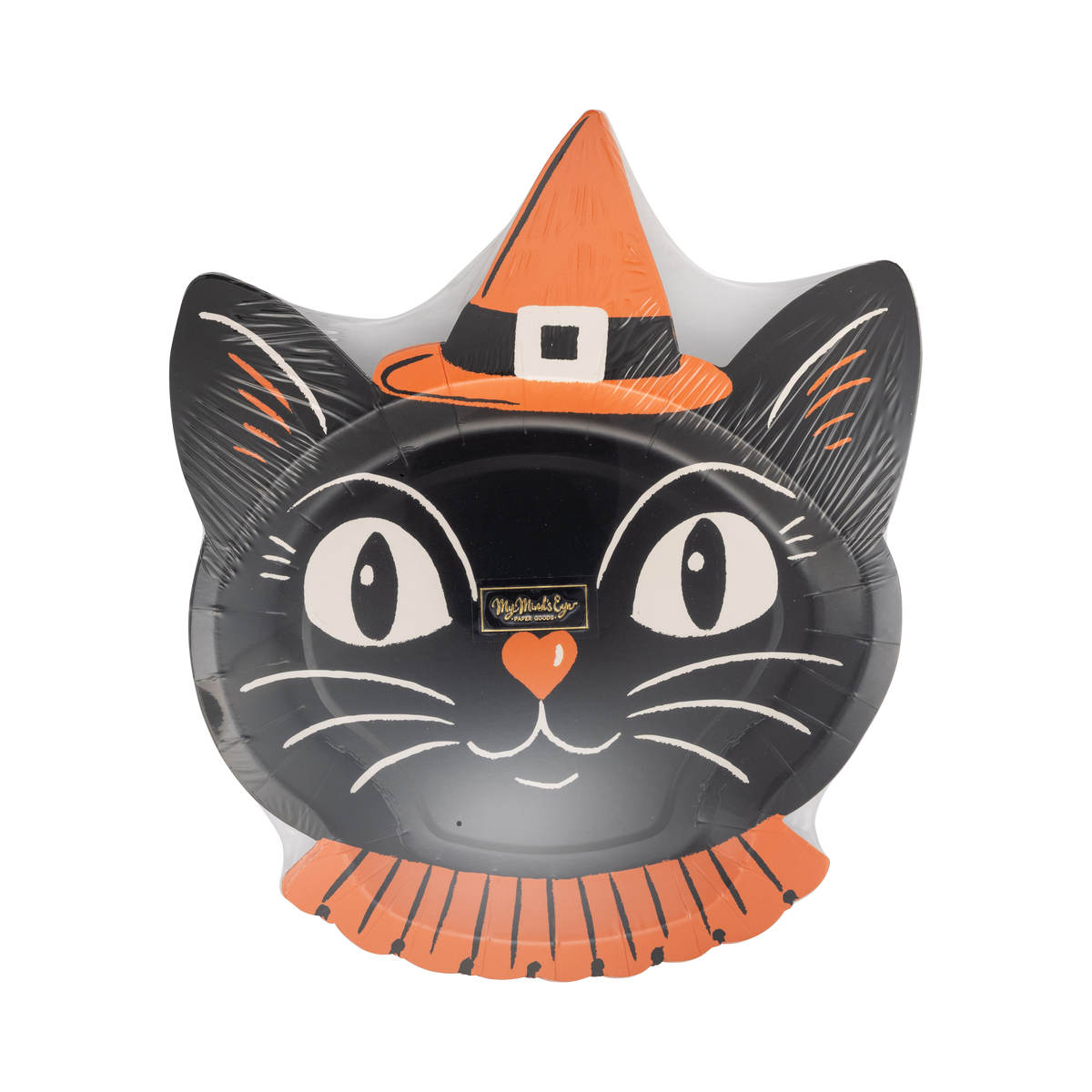 Halloween-themed black cat paper plate with orange hat on a clear packaging.