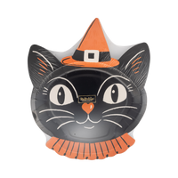 Halloween-themed black cat paper plate with orange hat on a clear packaging.