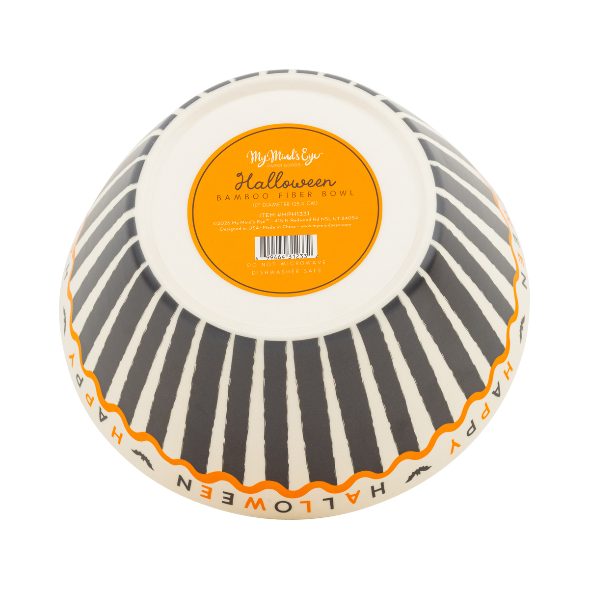 Black and cream Halloween snack bowl with Happy Halloween lettering around the rim, bottom view.