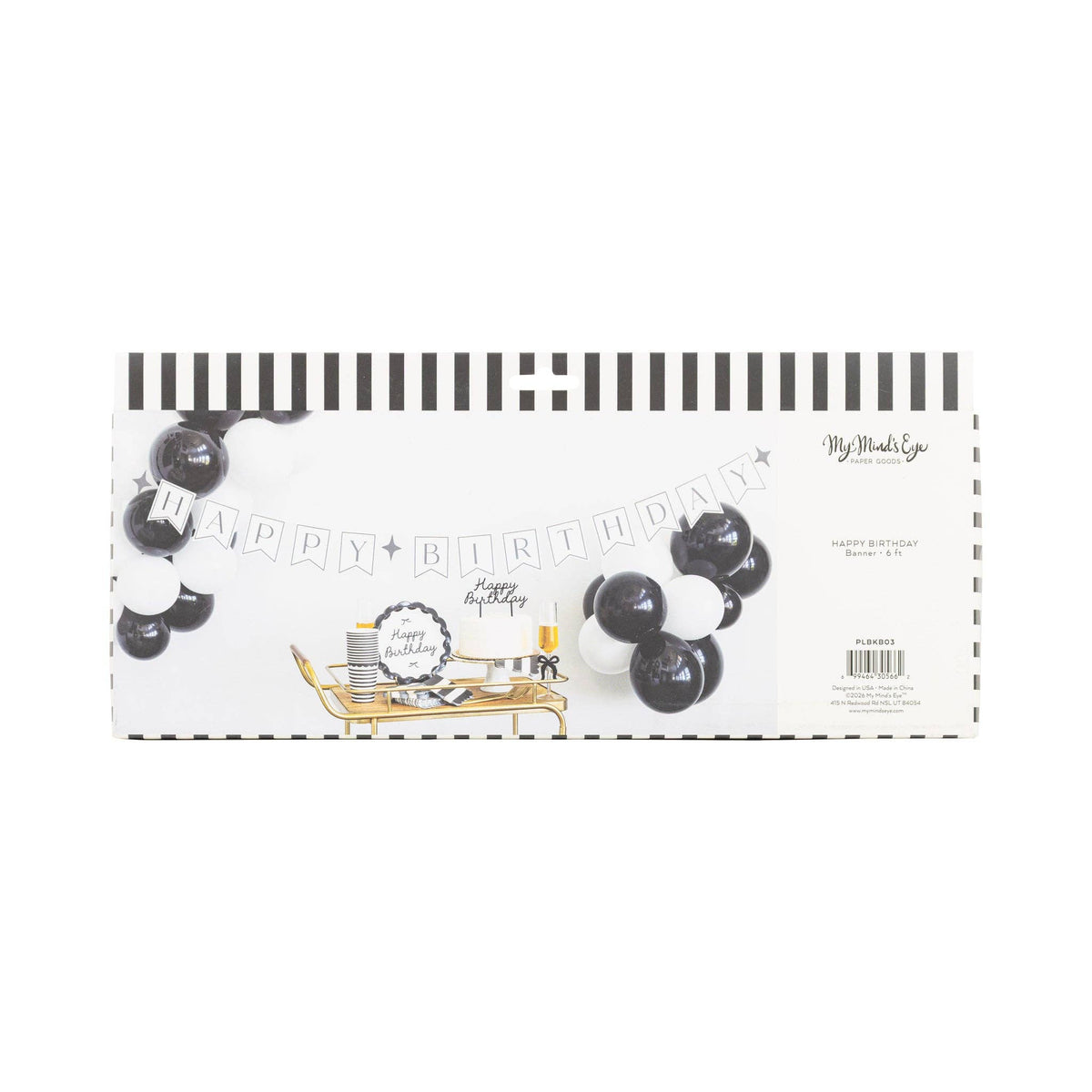 Black and cream Happy Birthday stitched paper banner retail packaging showing black and white styled party and product details