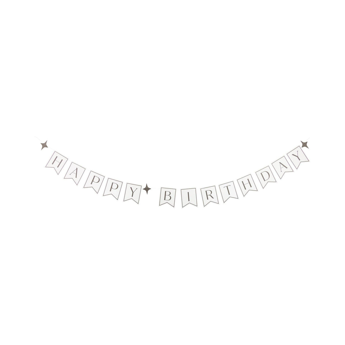 Black and cream Happy Birthday stitched paper banner with four-point star accents displayed on white background