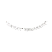 Black and cream Happy Birthday stitched paper banner with four-point star accents displayed on white background