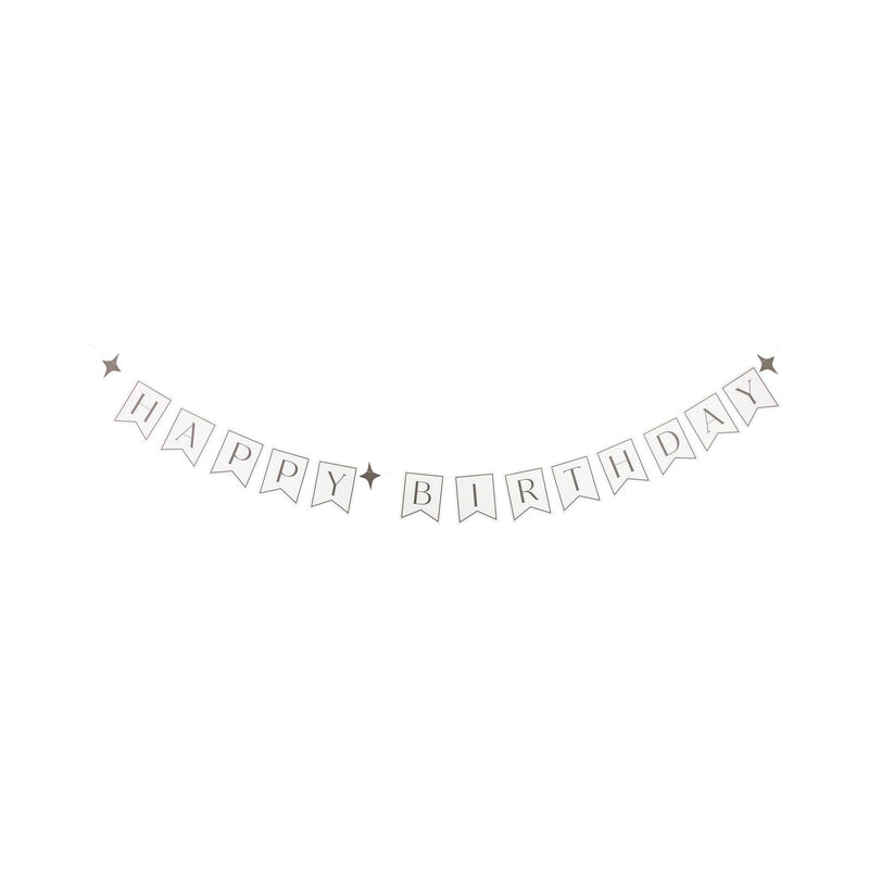 Black and cream Happy Birthday stitched paper banner with four-point star accents displayed on white background