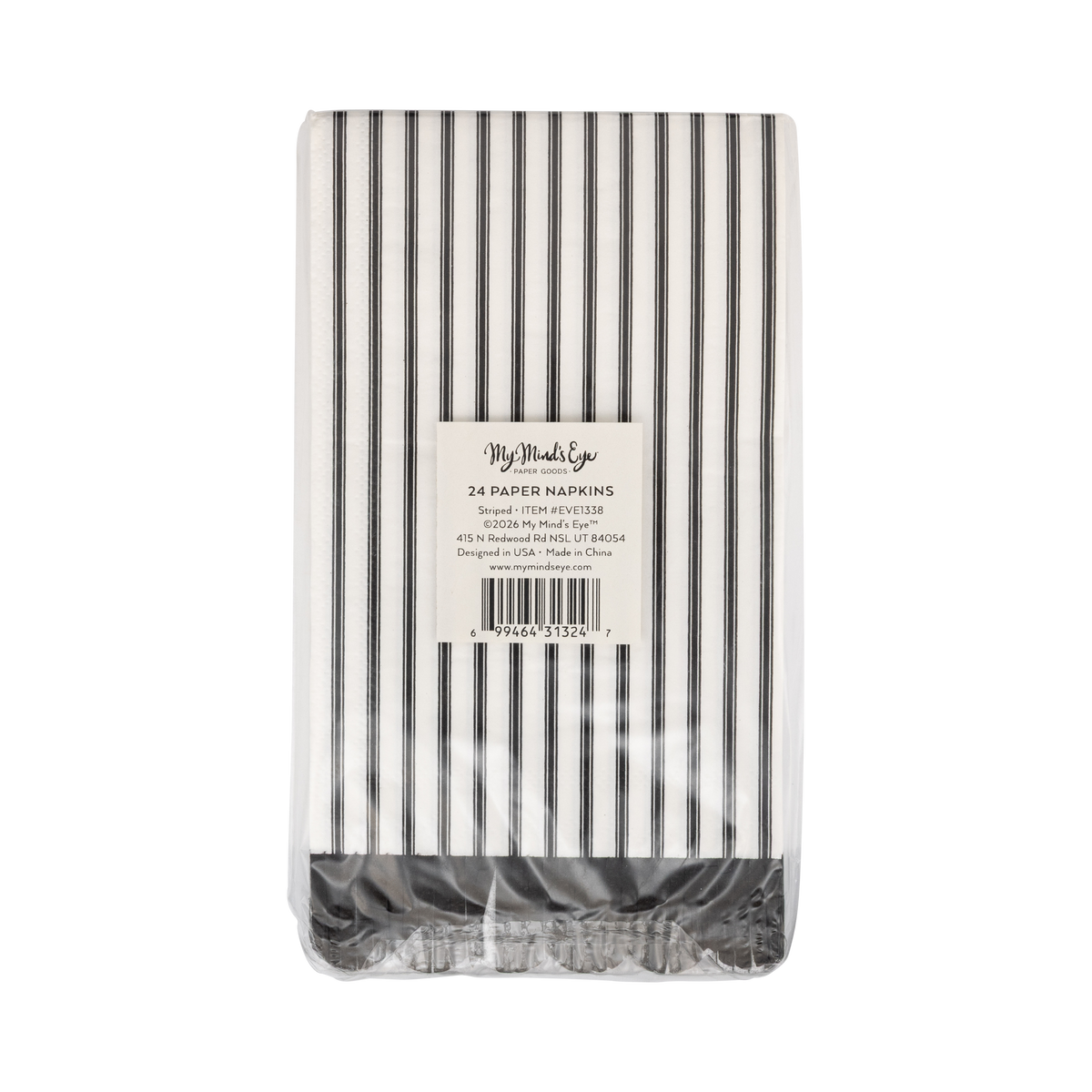 Back packaging of one pack of black and white striped paper napkins with a visible brand label on a white background.