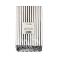 Back packaging of one pack of black and white striped paper napkins with a visible brand label on a white background.