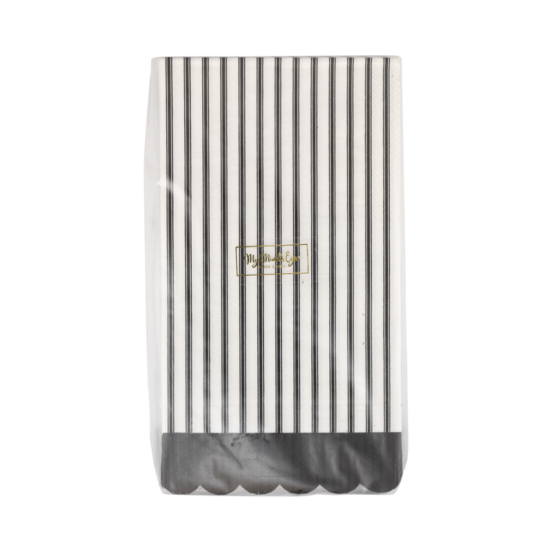 Front view of the packaging of a black and white striped paper napkin with a gold My Mind's Eye.