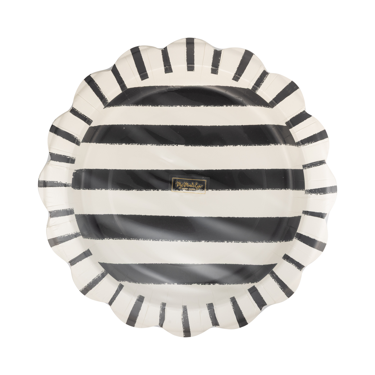 Front view of black and white sketchy stripe Halloween paper plate with scalloped edge