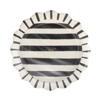 Front view of black and white sketchy stripe Halloween paper plate with scalloped edge