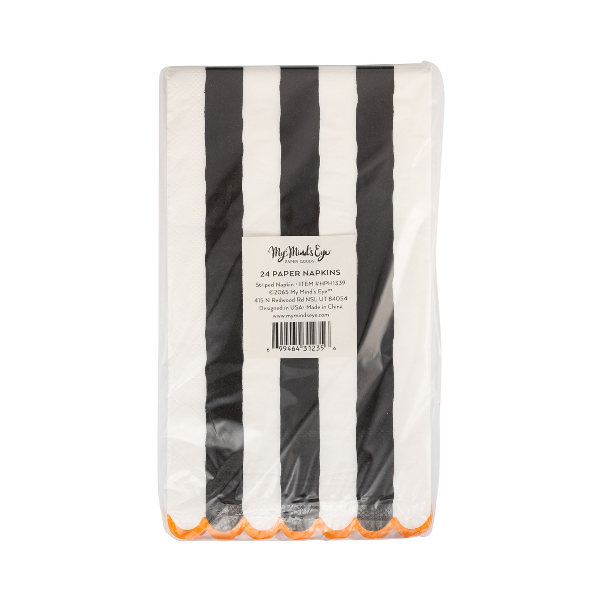 Pack of black and white striped paper napkins with a brand label My Mind's Eye