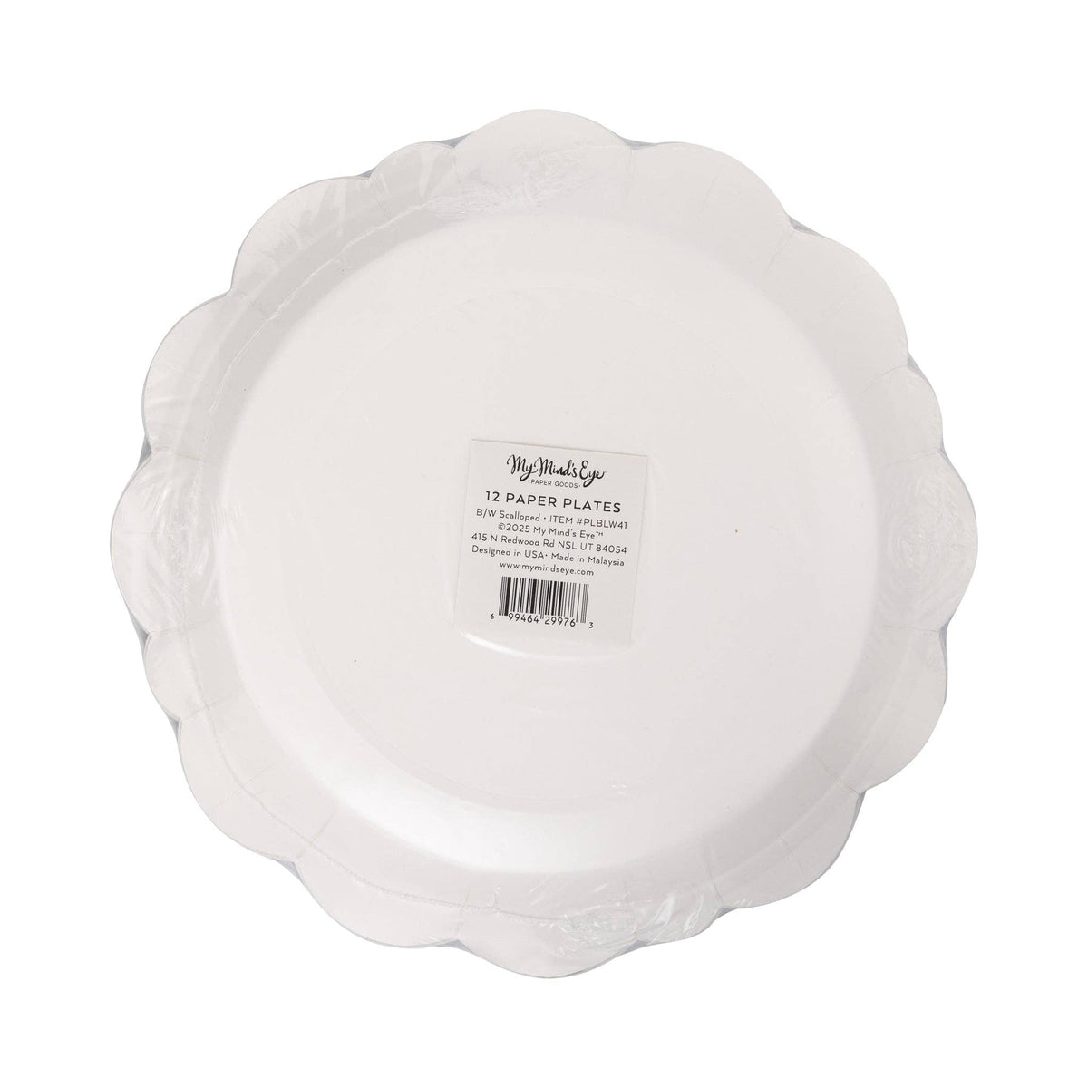 Back view of Black Edge 11-inch scalloped paper plates package showing product label and barcode.