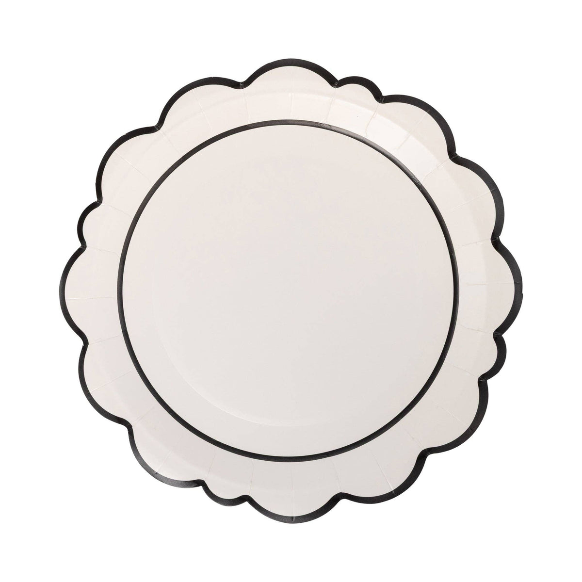 Round white paper plate with scalloped edges and a thin black border.