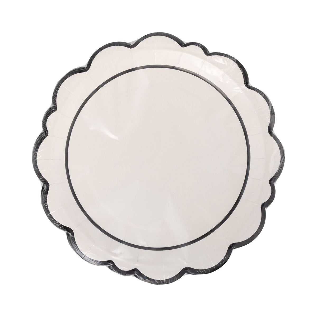 Packaged set of Black Edge 11-inch scalloped paper plates in clear plastic wrapper.
