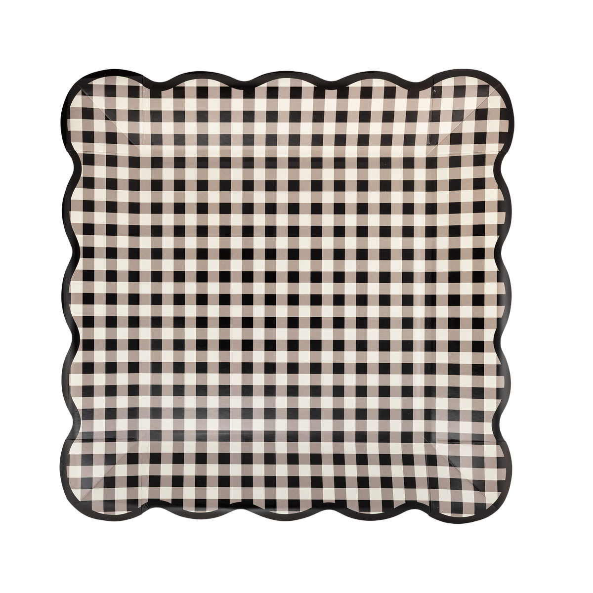 Cream-and-black gingham square paper plate with a wavy black edge, front view.