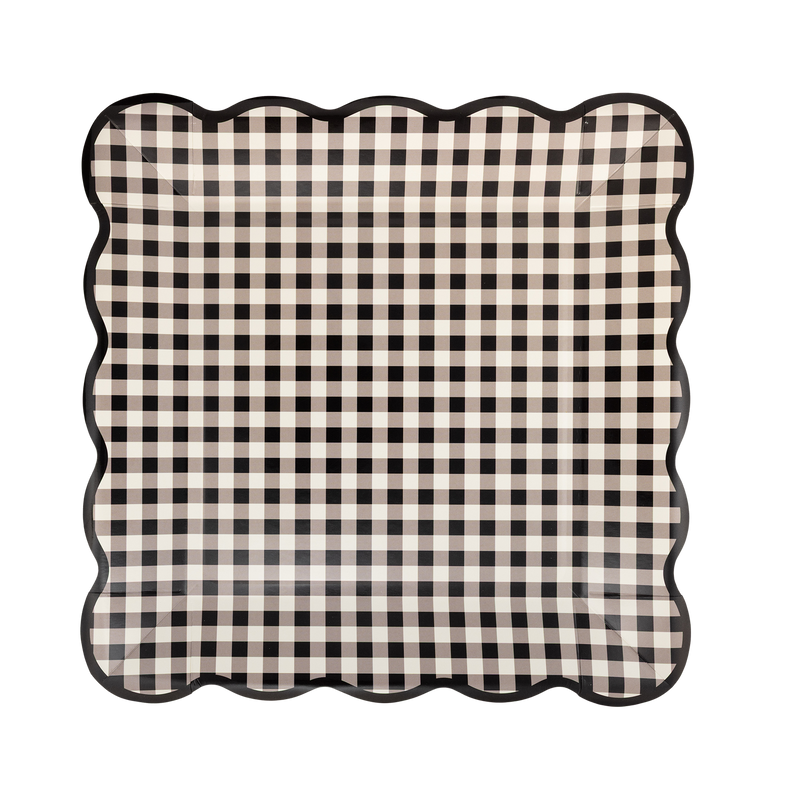 Cream-and-black gingham square paper plate with a wavy black edge, front view.