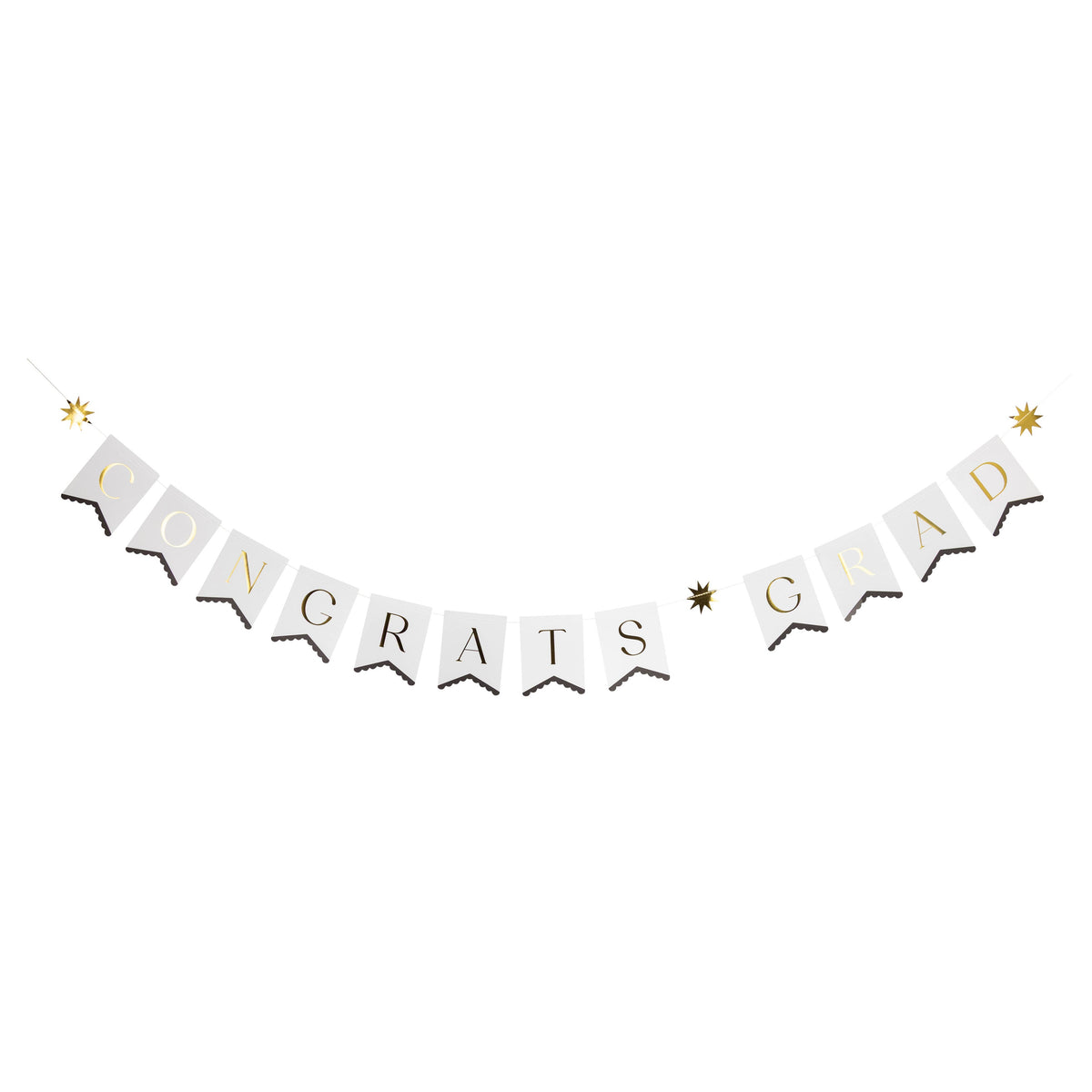 Black and gold graduation banner hanging with gold star accents
