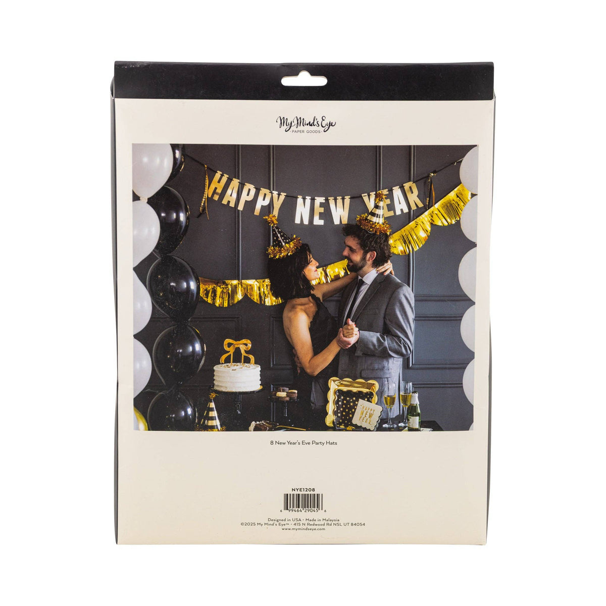 Packaging back showing New Year’s Eve hats in a party scene