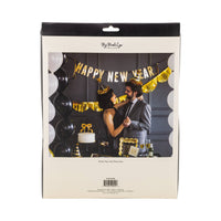 Packaging back showing New Year’s Eve hats in a party scene