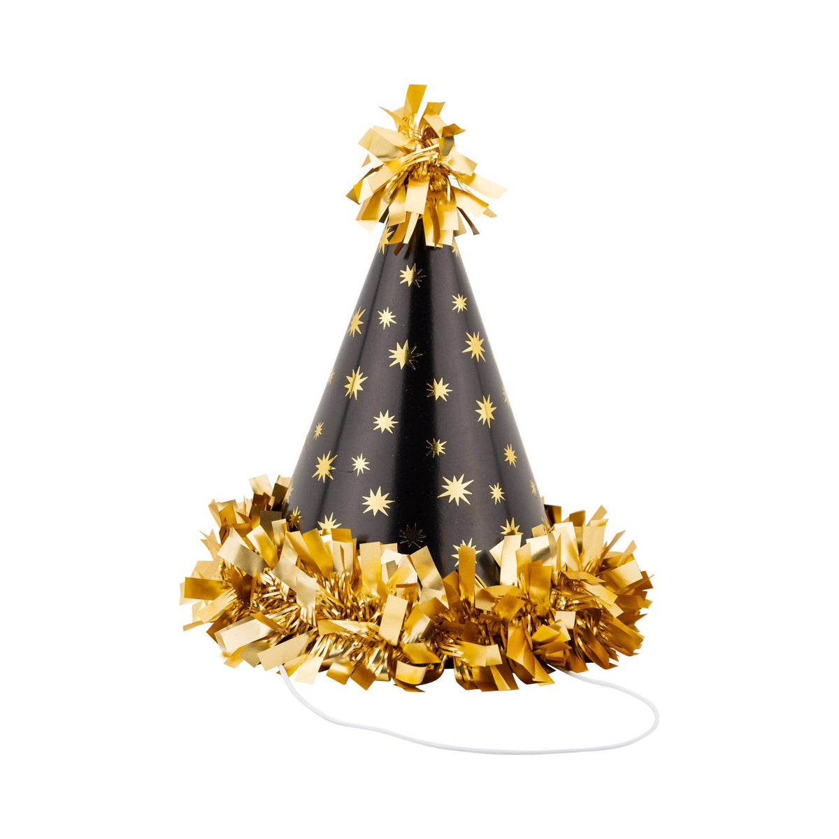 Black party hat with gold star pattern and tinsel trim
