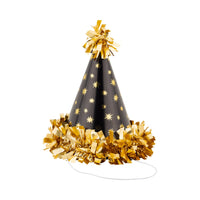 Black party hat with gold star pattern and tinsel trim