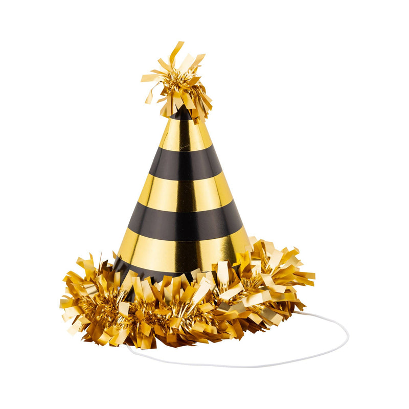 Black and gold striped party hat with gold tinsel trim