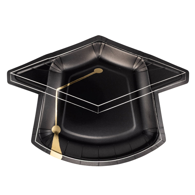 Black graduation cap shaped paper plate with gold foil tassel detail
