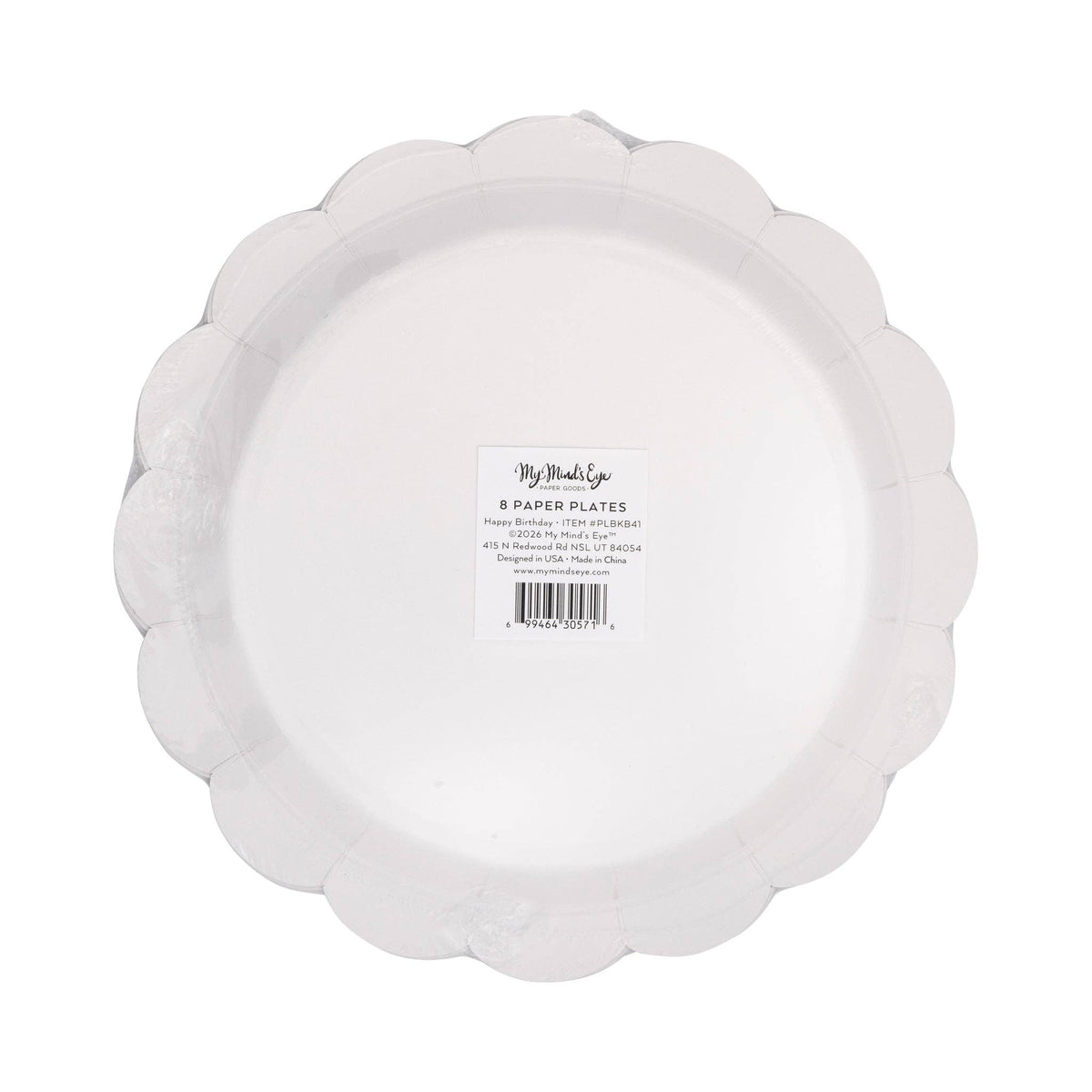 Back of My Mind's Eye black Happy Birthday scalloped paper plate 8ct in clear retail packaging showing product label on white background