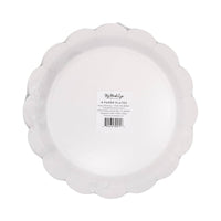 Back of My Mind's Eye black Happy Birthday scalloped paper plate 8ct in clear retail packaging showing product label on white background