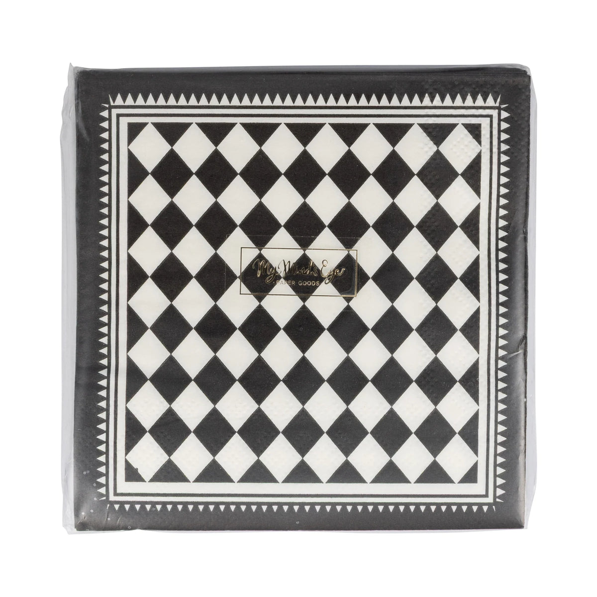 Black and white checkered patterned product packaging with a brand logo.