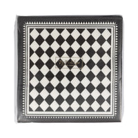 Black and white checkered patterned product packaging with a brand logo.
