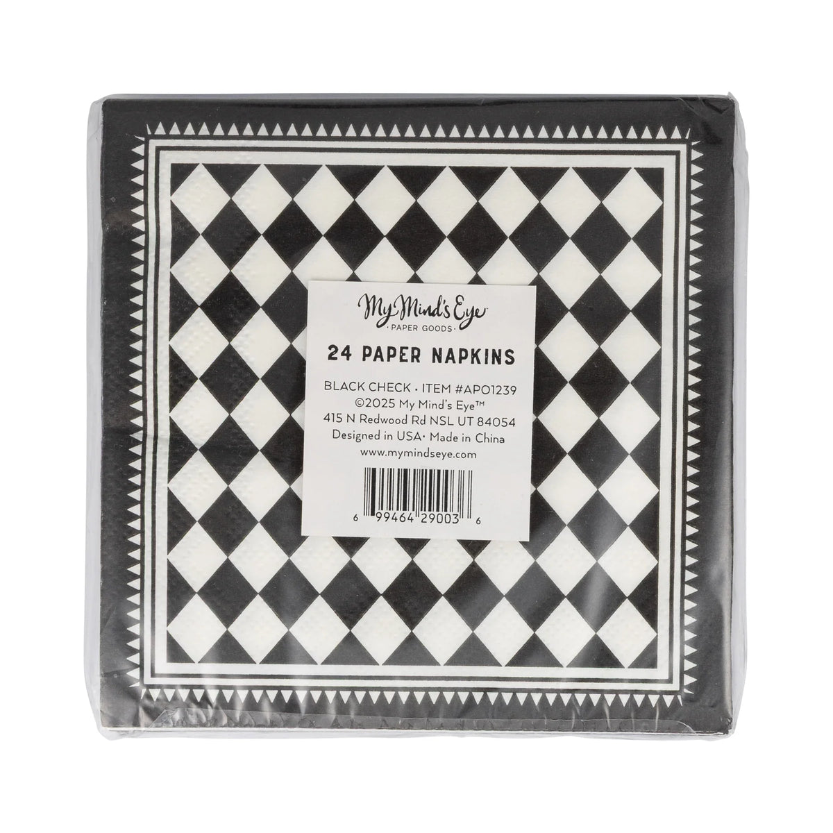 Pack of black and white checkered paper napkins with a visible brand label.