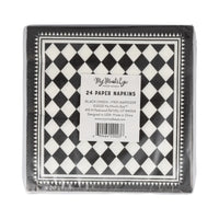 Pack of black and white checkered paper napkins with a visible brand label.
