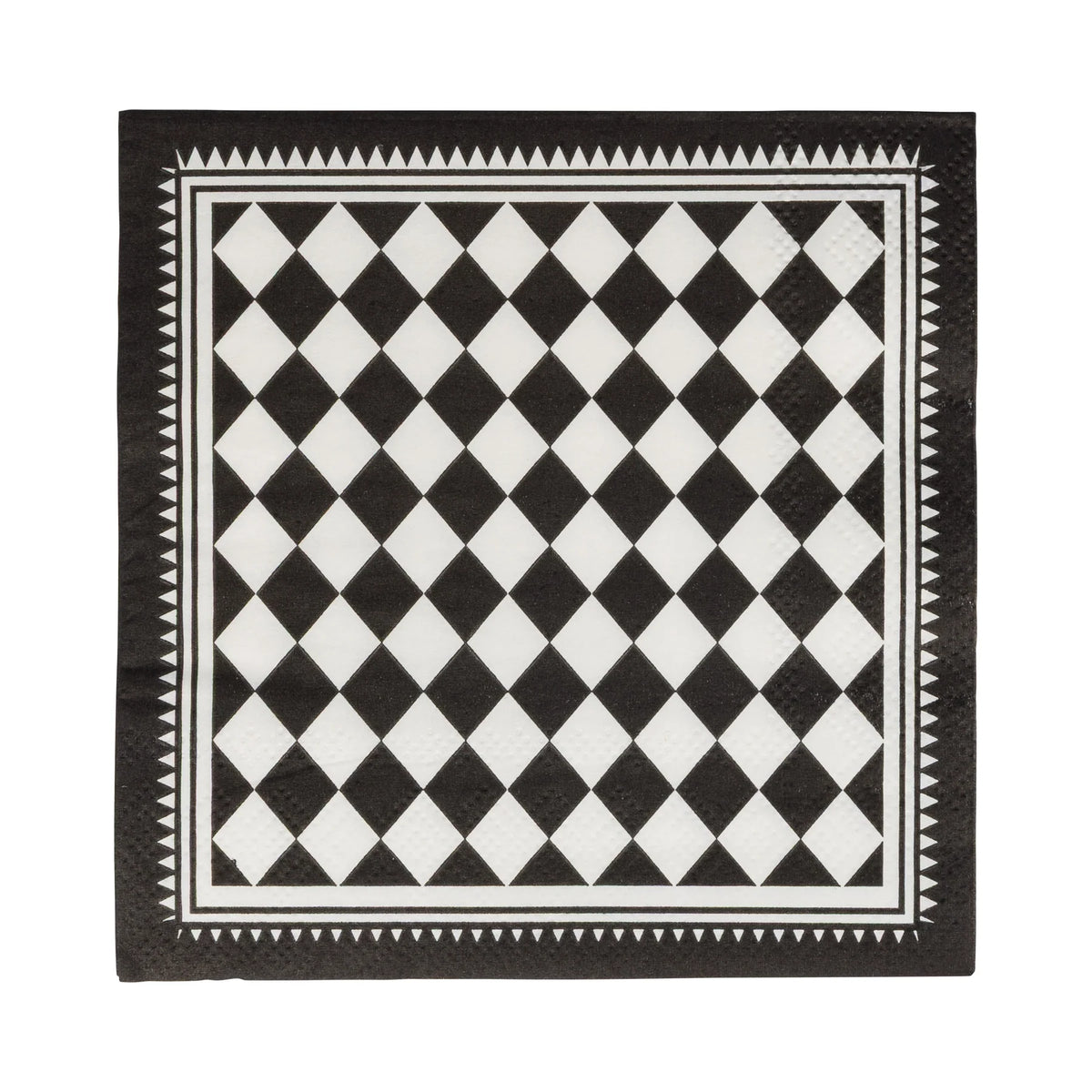 Stack of 5-inch black-and-white harlequin cocktail napkins featuring a bold diamond pattern and geometric border.