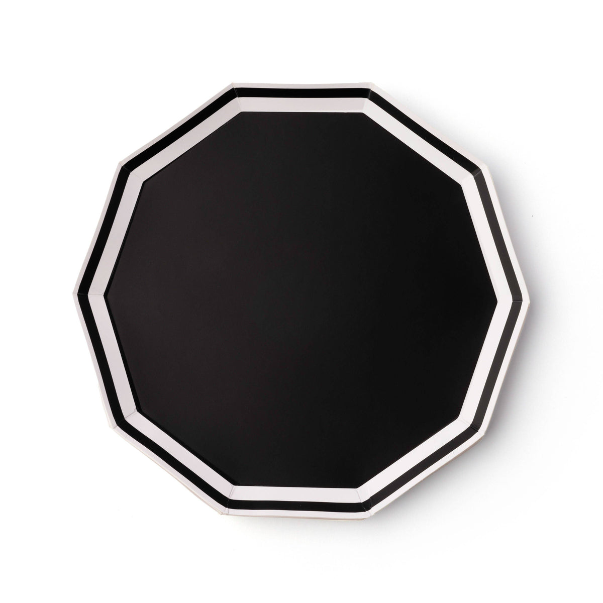 Black and white decagon dinner plate with bold geometric border