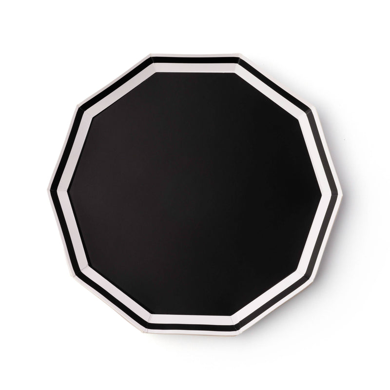 Black and white decagon dinner plate with bold geometric border