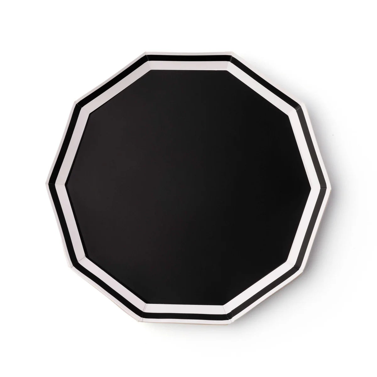 Black and white decagon graduation dinner paper plate on white background