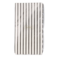 Front view of black and white pinstripe paper guest towels in clear retail packaging showing My Mind's Eye gold logo label