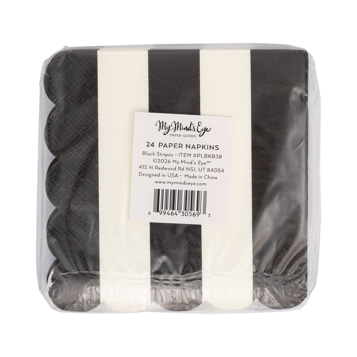 Back view of black and white striped scalloped cocktail napkins in clear retail packaging showing My Mind's Eye label