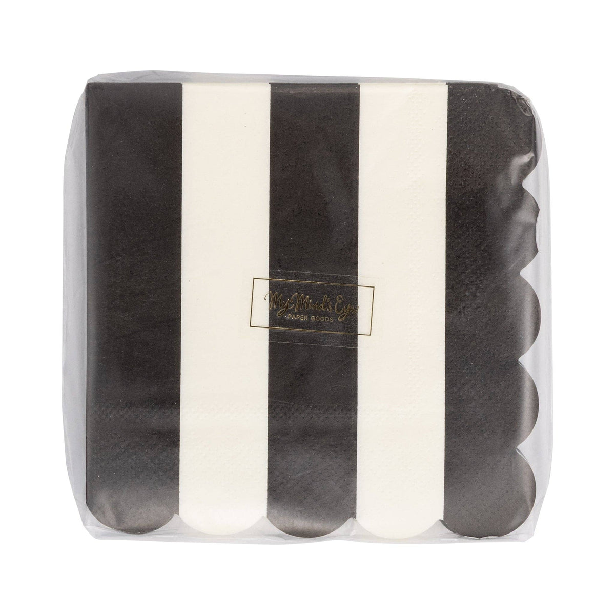 Front of My Mind's Eye black and cream striped cocktail napkins 24ct in clear retail packaging on white background