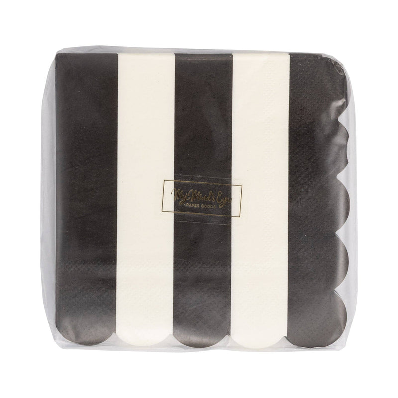 Front of My Mind's Eye black and cream striped cocktail napkins 24ct in clear retail packaging on white background
