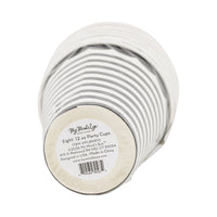 Bottom of black and white striped paper cup showing 12 oz product label on white background