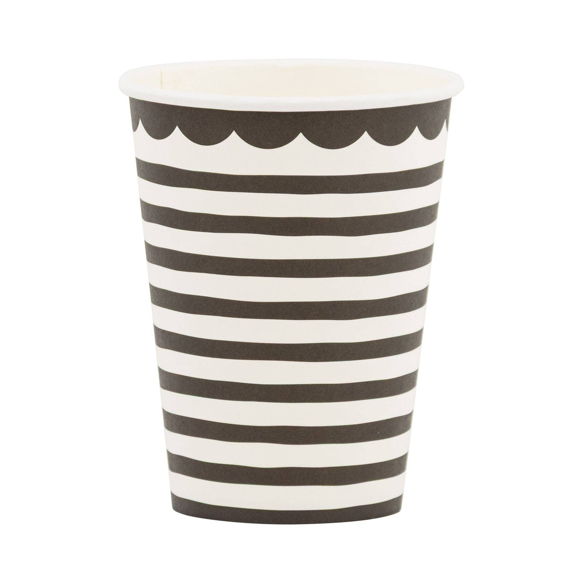 Single black and white striped paper cup showing horizontal stripe pattern and black scalloped rim detail on white background