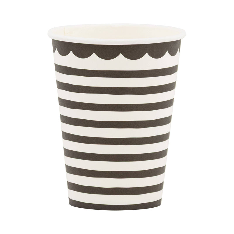 Single black and white striped paper cup showing horizontal stripe pattern and black scalloped rim detail on white background